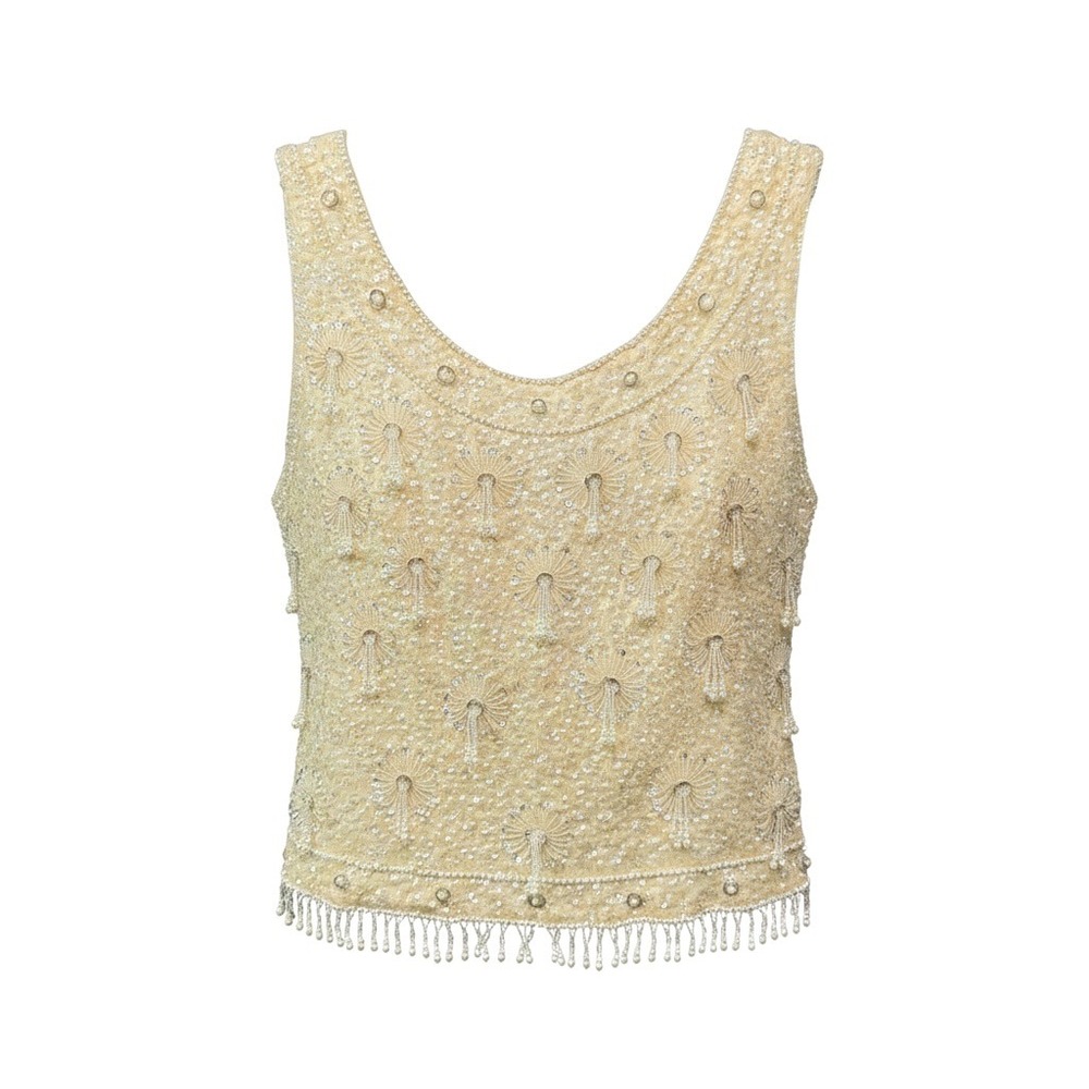 Vintage Beaded Wool Shell Top Womens Cream Sequin Pearl Fringe Mid-Century Small